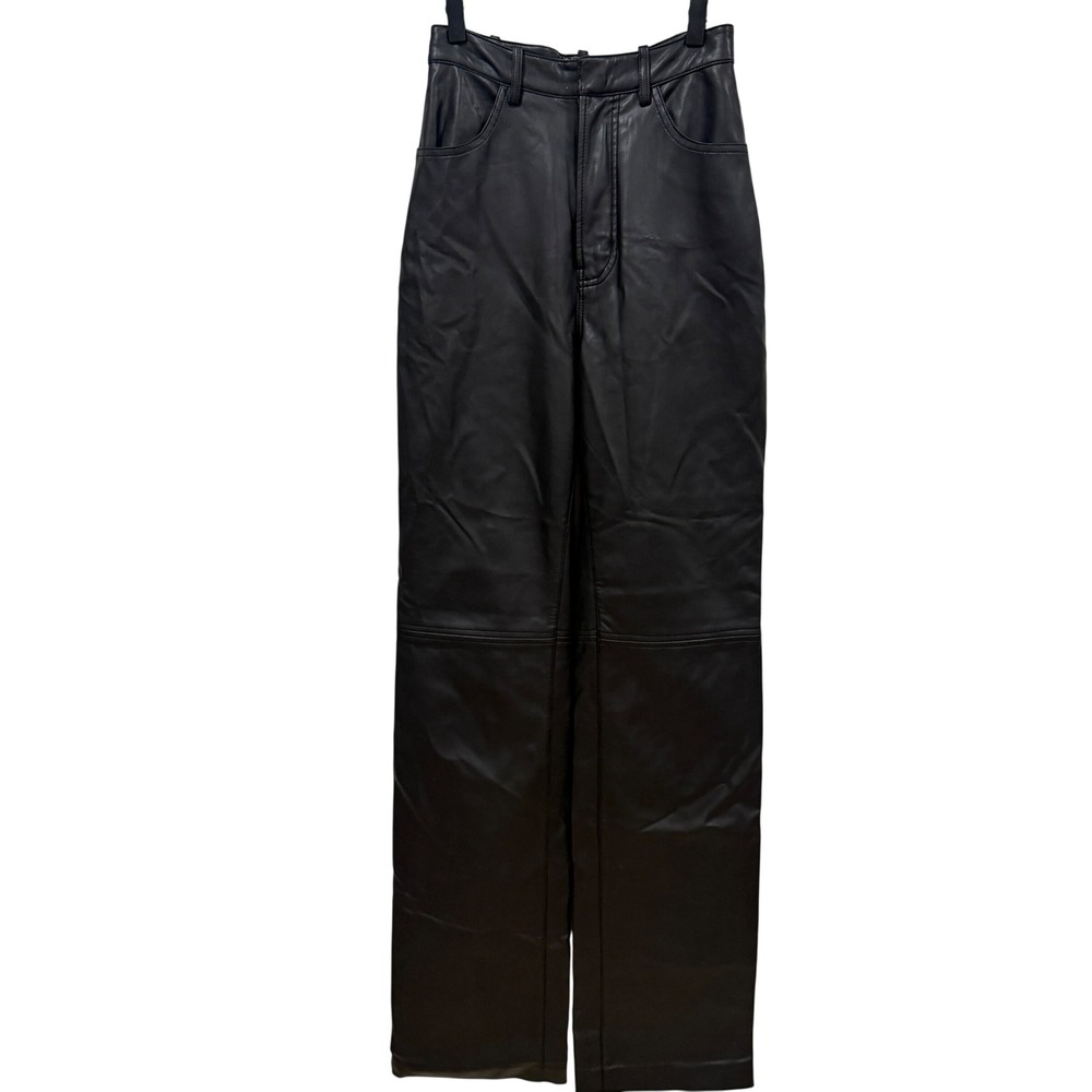 Black Faux Leather High‎ Waisted Straight Leg Pants Seam Detail Five Pocket